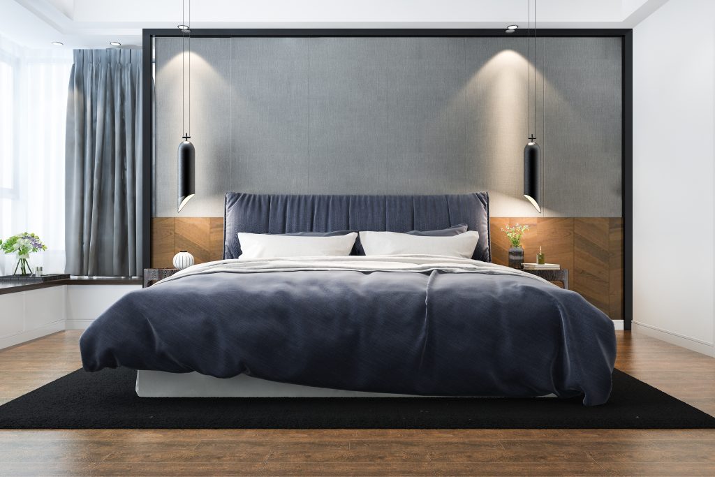 a bedroom with cool blues all over