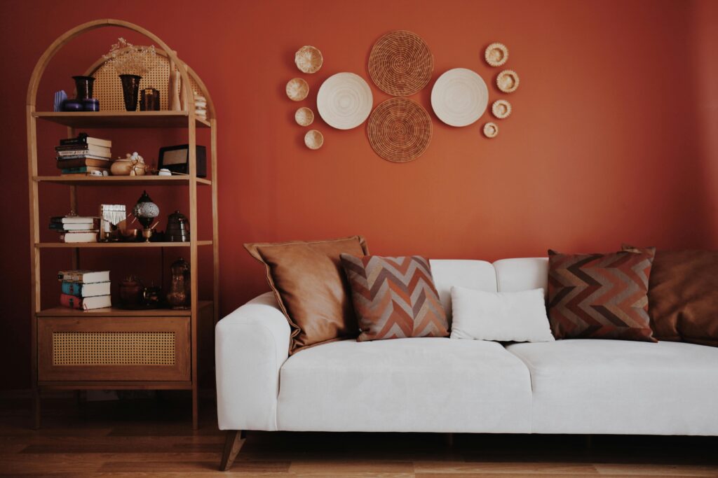 living space with a sofa and a storage rack