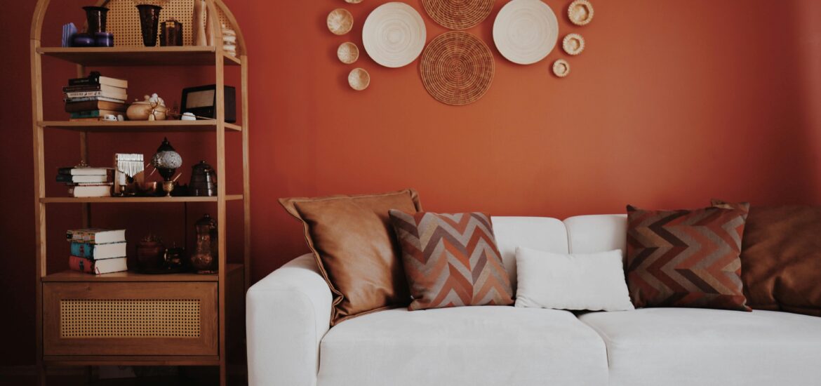 living space with a sofa and a storage rack