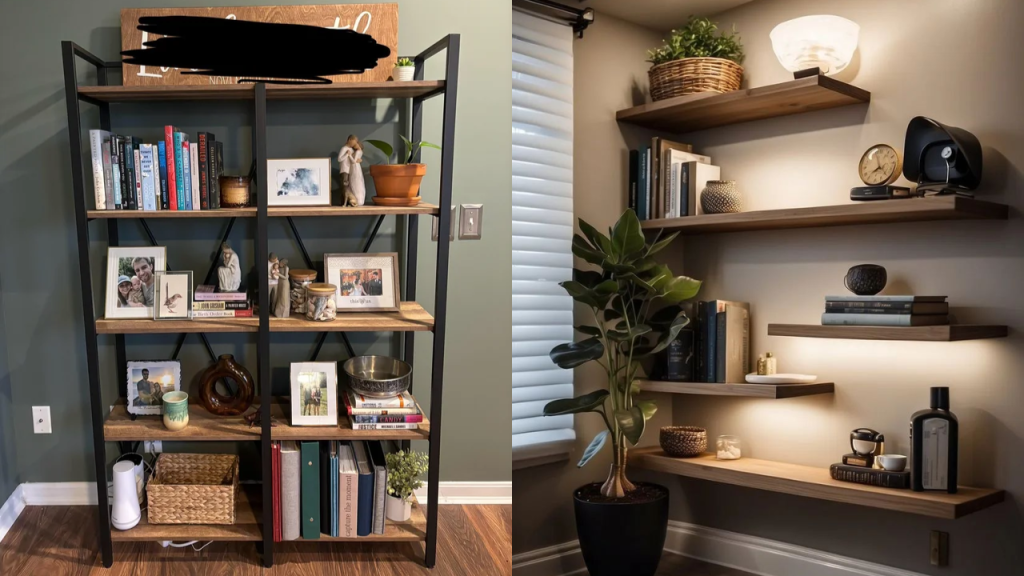 cluttered and decluttered shelves