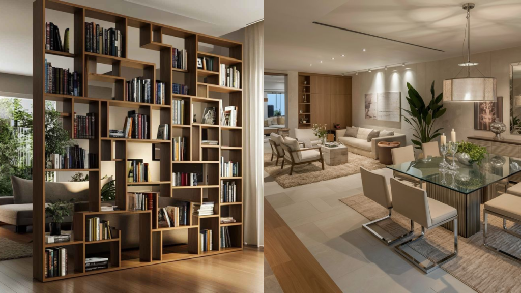 defining spaces with rugs and shelves